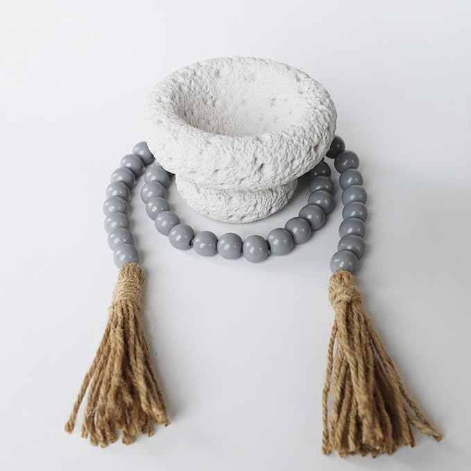 Boho Decor Wood Beads Garland Farmhouse Wall Hanging Decorations Natural Wooden Bead Tassel Decorative for Coffee Table Christmas and Prayer (Gray, 39")