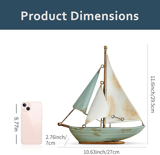 Retro Metal Sailboat Decor, Iron Nautical Sculpture for Home, Vintage Boat Figurine for Living Room Table, Office Desk, Bookshelf, Coastal Style Decoration (Blue & White)