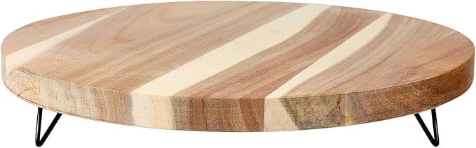 12 Inch Decorative Round Wood Riser for Display, Acacia Wood Pedestal Tray, Farmhouse Kitchen Decor Tray, Wooden Pedestal Stand for Home Decor, Kitchen Counter, Bathroom Countertop