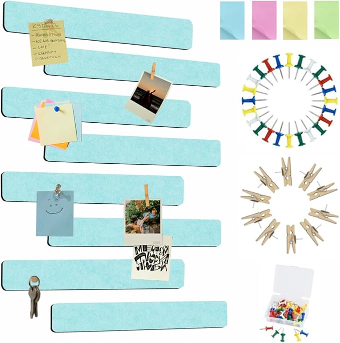 Vuzvuv 8 pcs Bulletin Board Bar Strips with 50 Pushpins & 10 Wooden Clip pins，Self Adhesive Cork Board for Wall，Felt Pin Board for School，Office Decor(Mint Green)