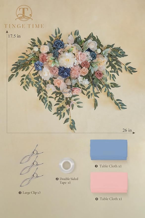 TINGE TIME Artificial Sweetheart Flower Swag with Tablecloth and Table Runner, Pack of 3 Floral Arrangement for Wedding Sweetheart Table Centerpiece Decoration (Dusty Rose & Navy Blue)