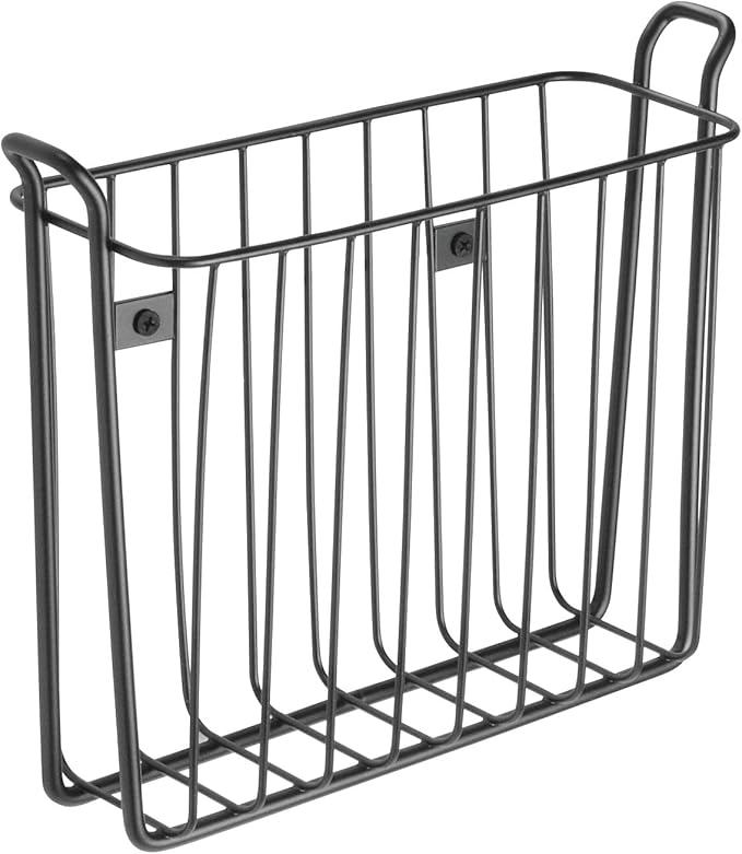mDesign Metal Wall Mount Decorative Magazine Rack Organizer Bin Holder, Basket for Living Room, Bathroom, Bedroom, Home Office - Holds Books, Newspapers, Tablets - Concerto Collection - Black
