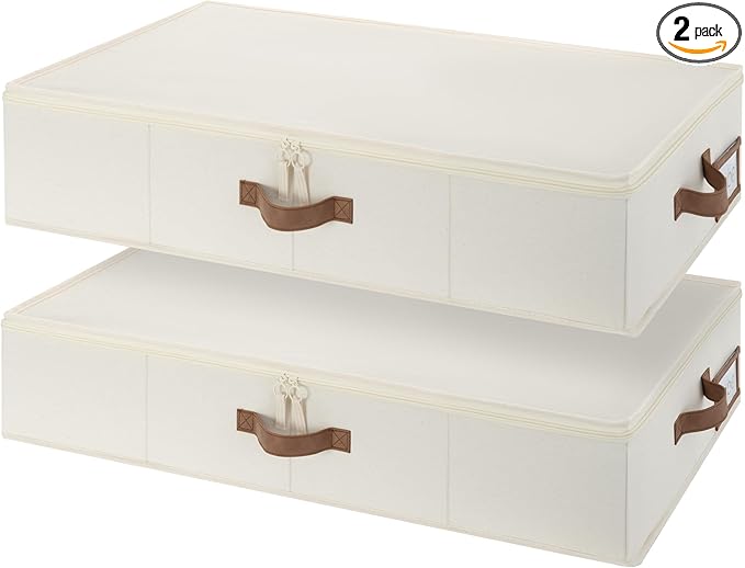 StorageWorks Underbed Storage Containers with Lids, 2-Pack 6" Low Profile Under Bed Organizers for Clothes, Bedding and Sweaters, 53L Large Fabric Storage Bins, Foldable Space Saving, Beige
