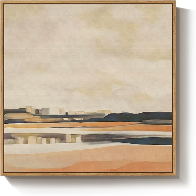 Framed Neutral Abstract Landscape Wall Art for Living Room, Square Mid Century Modern Canvas Paintings Prints Artwork for Walls, Minimalist Scenic Pictures Wall Decor for Bedroom Home Office, 24x24 In