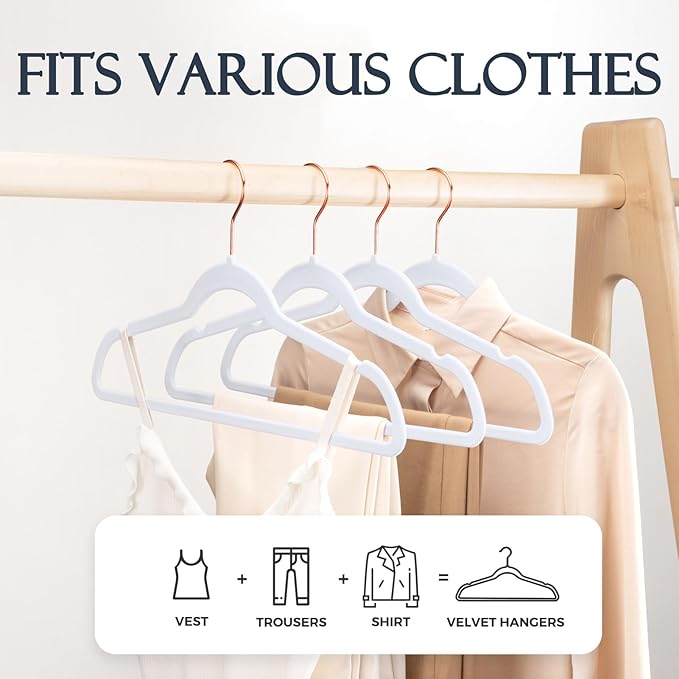 HOUSE DAY White Velvet Hangers 60 Pack, Premium Non-Slip Felt Clothes, Sturdy Heavy Duty Coat, Durable Hangers for Suits, Space Saving with No Hanger Mark, 360° Swivel Rotating Rose Gold Hook