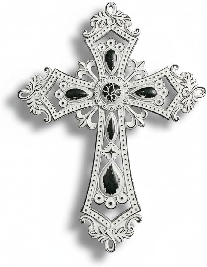 Comfy Hour 13.8" Decorative Hollow Out Wall Cross, Rustic White Victorian Style Religious Plaque, Artisan Finished Spiritual Wall Art for Home Sanctuary & Office, Polyresin Sculpture, 1 Piece