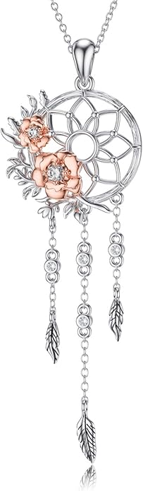 Dream Catcher Pendant Necklace 925 Sterling Silver Synthetic Moonstone Crystal Sunflower Rose Flower Evil Eye Dreamcatcher Cremation Jewelry Gifts for Women Wife Mom