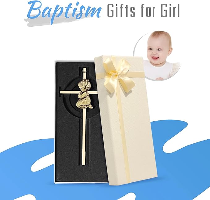Tryuunion Baby Wall Cross Baptism Gifts for Boys and Girl, 7-inch Blessing Boy Baptism Crosses for First Holy Communion Christening and Dedication Baptismal Gifts (Gold Girl-7 in)