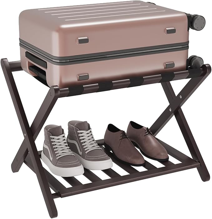 Smuxee Fully Assembled Brown Luggage Rack, Upgraded Bamboo Foldable Suitcase Stand with 5 Nylon Straps, Luggage Holder with Shelf for Guest Room Bedroom Hotel