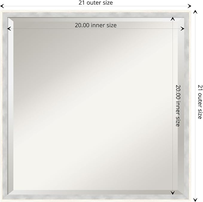 Amanti Art White Wall Mirror 21x21 Paige White Silver Square Bathroom Mirror for Wall Decor Living Room, Medium Modern Wood Frame, Hangs Horizonally and Vertically, Bathroom Decor, Beveled Edge