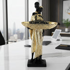 Lescafita Handmade African Couple Sculpture - Gold Tribal Standing Figure with 7.8" Basket, Resin Home Decor for Shelves/Tables, Cultural Gift for Small Items (14.5" H)