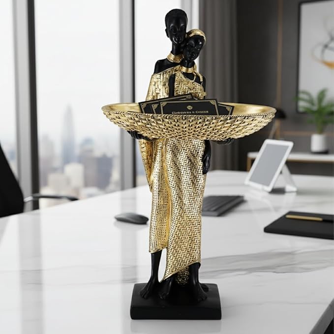 Lescafita Handmade African Couple Sculpture - Gold Tribal Standing Figure with 7.8" Basket, Resin Home Decor for Shelves/Tables, Cultural Gift for Small Items (14.5" H)