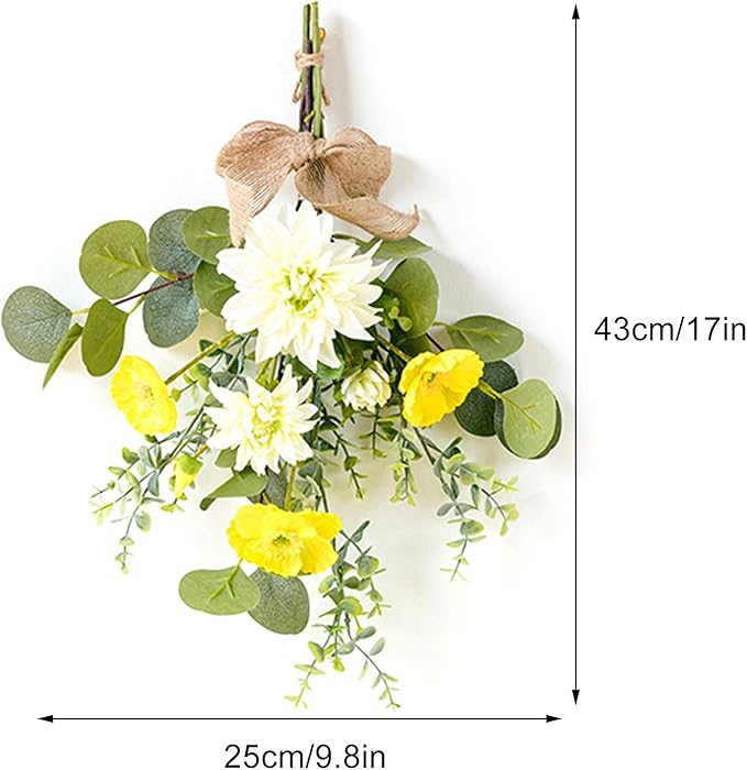 Artificial Teardrop Wreath, 17inch Decorative Swag with Flower and Eucalyptus Leaves, Hanging Simulation Flowers Bouquet, Spring Summer Wall Swag for Wedding Arch Wall Decor(#5)