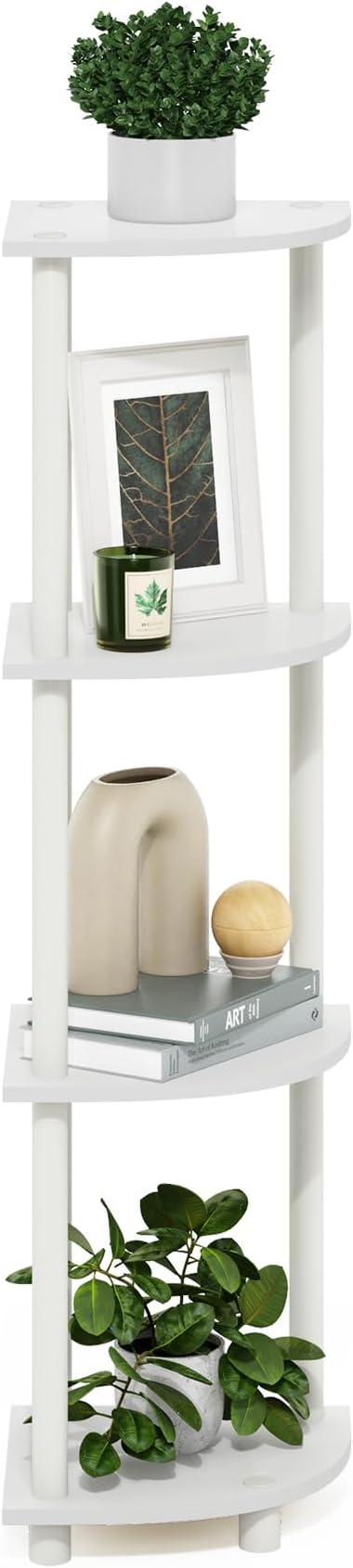 Furinno Turn-N-Tube Corner Shelf, 4-Tier Corner Bookshelf, Display Storage Shelves with Open Shelves, for Organization and Storage, Living Room, Home Office, Garage, White