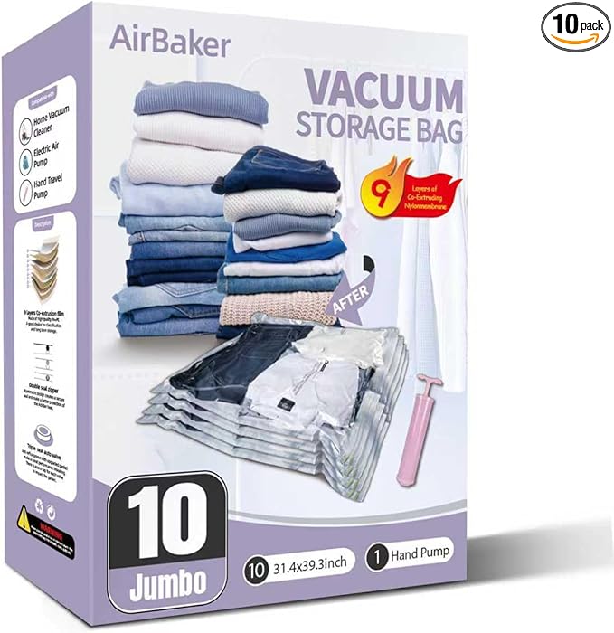 Vacuum Storage Bags for moving, Vacuum Seal Bags for Memory Foam, Latex, Clothing & Bedding, Space Saver Bags for Organization and Storage(10 Jumbo)