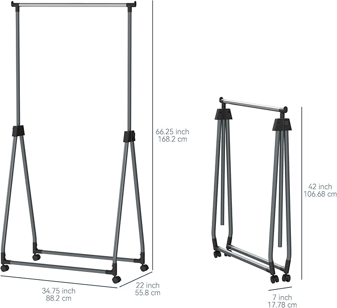 Whitmor Foldable Garment Rack - Rolling Clothes Rack - Adjustable Height Garment Rack, Heavy Duty Foldable Clothes Rack with Adjustable Hanging Rod for Home Office- Silver & Black