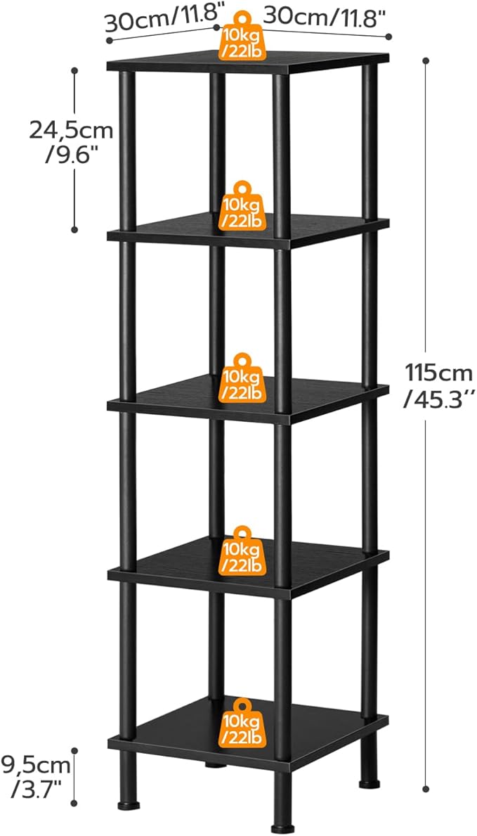 HOOBRO 5-Tier Corner Shelf Stand, Corner Square Rack Display Shelf, Tall Storage Rack Plant Stand, Corner Bookcase for Small Spaces, Living Room, Home Office, Kitchen, Black BK50CJ01