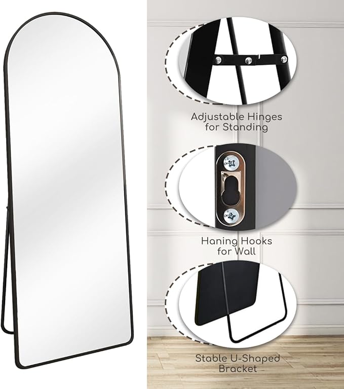 Degfig Arched Full Length Mirror, 64"X21" Floor Length Mirror with Aluminum Alloy Frame, Full Body Mirrors with Stand, Hanging or Leaning Mirrors for Living Room, Bedroom, Black,Round Corner