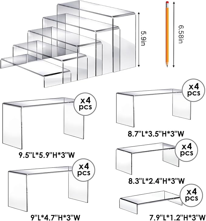 Fixwal 20pcs Large Acrylic Risers 4 Set Acrylic Display Stand Perfume Organizer Stands Clear Rectangular Dessert Table Display Set, Display Shelf for Show Cupcake, Figures, Jewelry, Toys