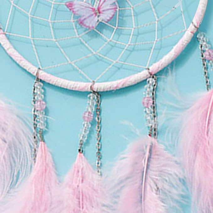 Pink Butterflies Dream Catcher Handmade Colorful Feather Dream Catchers Wall Decoration for Girls Kids ，Beautiful Wall Art. Great Decoration for Bedroom,Baby Tent,Sitting Room,Balcony,Party.