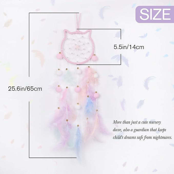 Pretty Jolly Pink Cat Kids Dream Catcher Wall Decor Pompom Feather Baby Dreamcatcher Handmade Children Dream Catcher Home Décor Wall Hanging for Nursery Bedroom Boys Girls Birthday Gift-25.6in