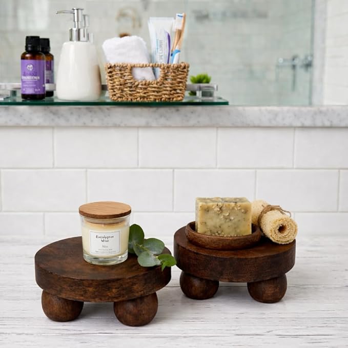 Housewarming Gifts Set of 2 Wood Display Stand Home Decor Display Risers Round Pedestal Bathroom Accessory Holder Plant Holder Table Top Kitchen Multi Purpose Organiser Set (Walnut)