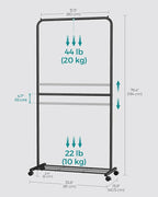 SONGMICS Clothes Rack with Wheels, Double-Rod Clothing Rack for Hanging Clothes, 25.4mm Metal Garment Rack with Dense Mesh Storage Shelf, 110 lb Load Capacity, 2 Brakes, Black UHSR027B01