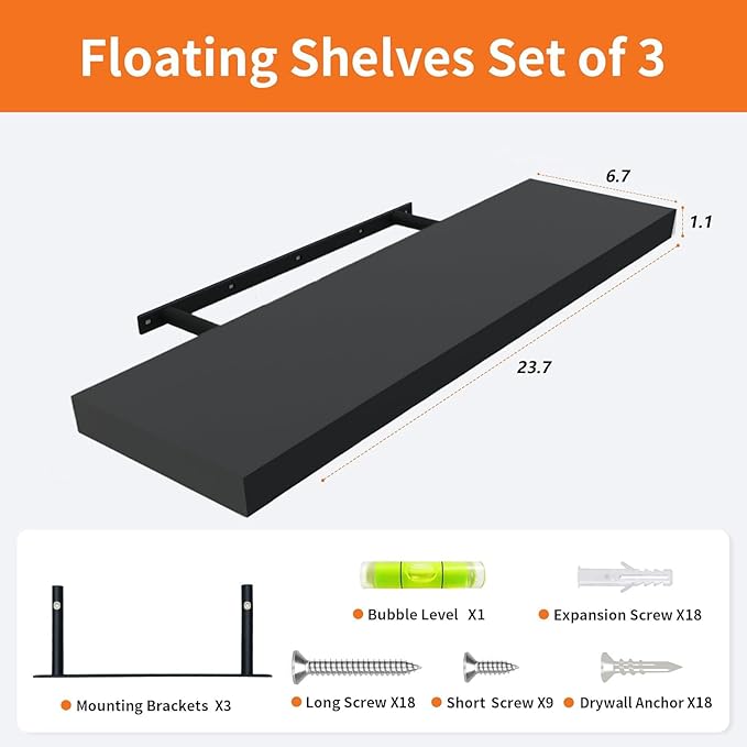 Upassion Floating Shelves for Wall Set of 3, 24" Black Wall Shelves for Home Decor, Frame Display Black Floating Shelf for Living Room, Bedroom, Bathroom, Kitchen