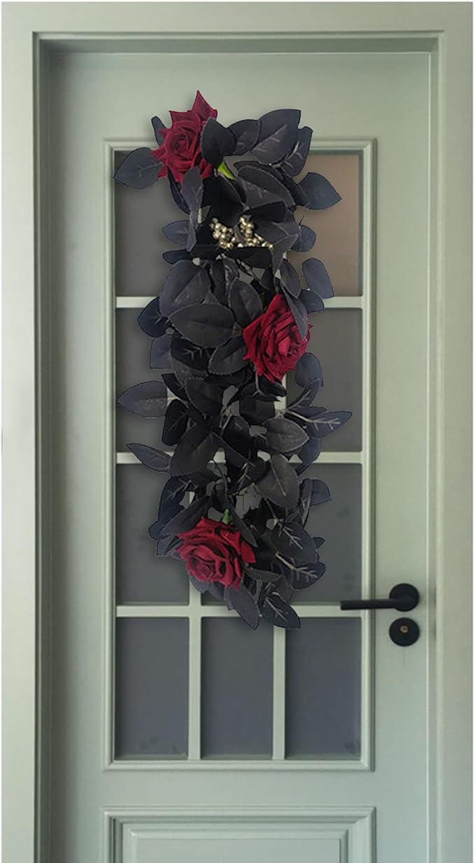 Artificial Rose Flower Swag,Artificial Sunflower Swag, 24 Inch Decorative Swag with Pumpkins Berries and Black Leaves for Halloween Home Front Door Lintel Wedding Arch Party Tabletop Wall Decor(#3)