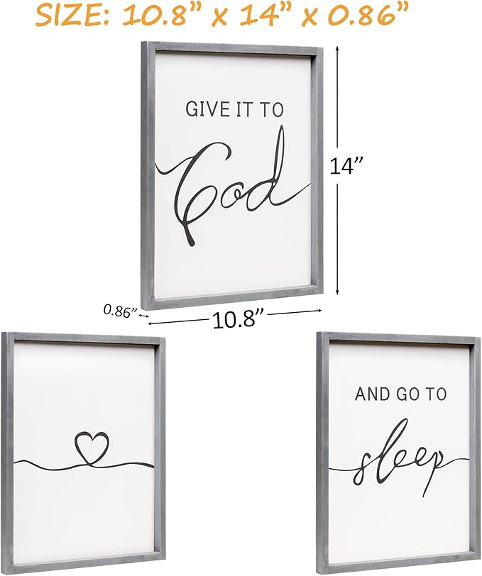 Set of 3 Framed Farmhouse Give it to God and Go to Sleep Signs 11x14” Above Bed Wall Decors for Bedroom Wood Signs (11x14 inches, Gray)