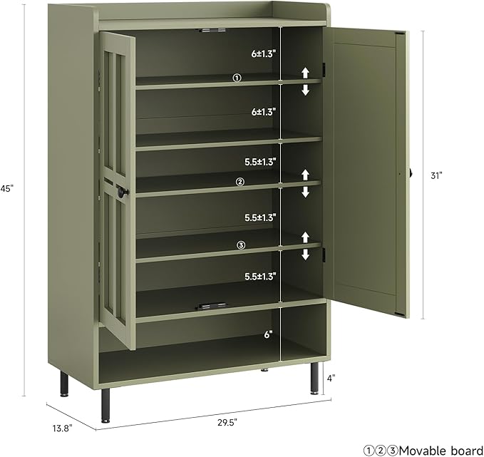 ONBRILL Shoe Cabinet with Cross Molding Doors, 6-Tier Shoe Storage Cabinet with 3 Adjustable Shelves and Metal Legs, 45'' Tall Shoes Rack Organizer Cabinet for Entryway, Front Door, Green