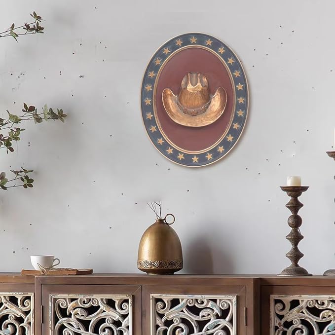 Vintage Wall Sculpture Antique Decoration Pediment Hallway Art Statue for Living Room Office Bedroom Gallery,Handmade Gift Aesthetic Design Cowboy Scheme (Blue & Bronze Hat)