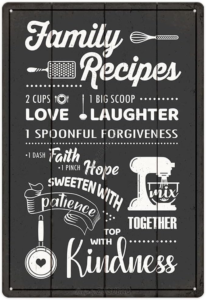 Funny Kitchen Signs Decor-Kitchen Farmhouse Decor-Personalized Kitchen Metal Sign-Retro Kitchen Counter Accessories-12x8 Inch Hanging Plaque Home Wall Decorations-Family Recipes Carbon Gray