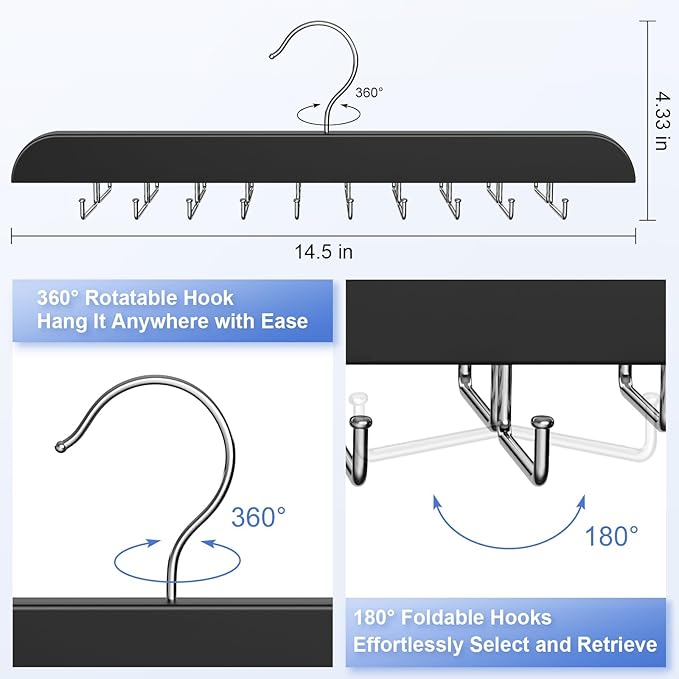 Upgraded Tie Rack Hanger with 20 Foldable Metal Hooks, Space Saving Necktie Organizer for Men – Large Capacity Tie and Belt Wooden Hanger for Closet - Black