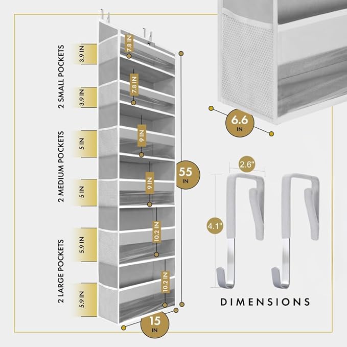 HOMELUX THEORY UPGRADED 6 Tiers Over The Door Organizer Hanging - 100D EXTRA THICK & 50lbs HUGE CAPACITY, 12 Side Mesh Pockets Over The Door Shoe Organizer, Hanging Closet Organizer (Light Gray, 2pc)