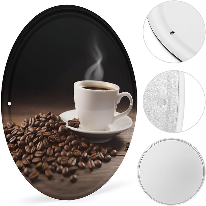 Wall Picture, with Coffee Cup and Coffee Beans Printed Circular Iron Hanging Picture,Wall Art Decor,Home for Bedroom Living Room Bathroom Decor,Iron Painting 11.8X11.8 in