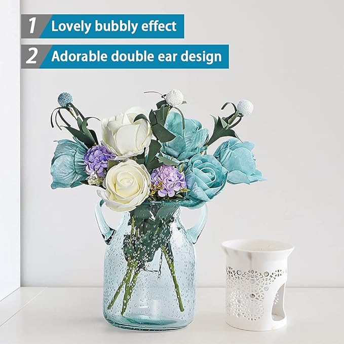 MDLUU Seeded Glass Vase, 4.6" W x 6.7" H, Clear, Double Ear Design, Coastal Modern Style, Perfect for Dining Room, Bedroom, Bathroom