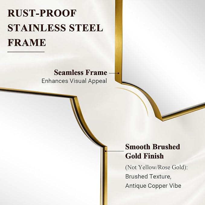 ANDY STAR Brushed Gold Rectangle Mirror, 24x36 Inch Scalloped Bathroom Mirror, Unique Rectangular Mirror with Scalloped Design, Anti-Rust Stainless Steel Frame Deep 1"