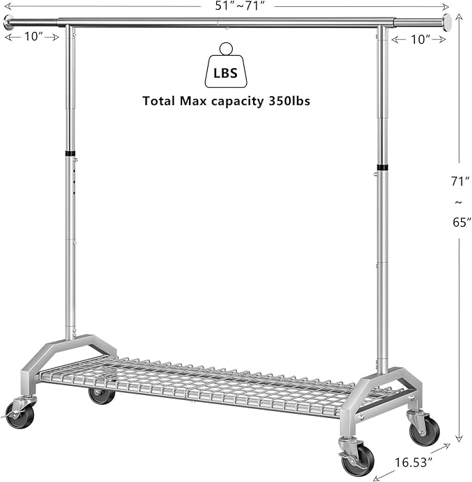 Clothes Rack for Hanging Clothes 350lbs Heavy Duty Clothing Rack 51 to 71" W x 16.53" D x 65" to 71" H Adjustable Rolling Clothes Rack Coat Rack Garment Rack 3" industrial Wheels Silver