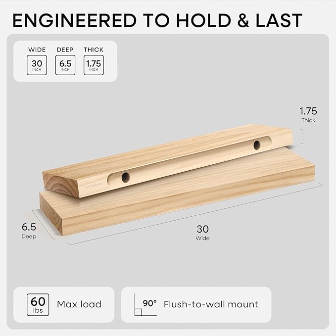 Homeforia 30 inch Natural Floating Shelf, High End Solid Real Wood 30inch Small Floating Shelves for Wall Mounted, Natural Wooden Floating Shelves, Heavy Duty Bracket, 30 X 6.5 X 1.75 in, Set of 2