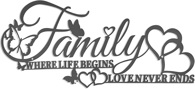 Family Where Life Begins Love Never Ends Word Wall Art Decor, Black Family Metal Wall Sign with Butterflies Heart, Iron Letters Hanging Sculpture for Kitchen Living Room Decoration (A)