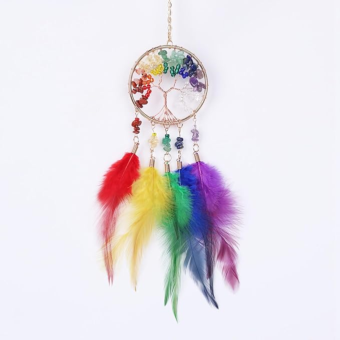 Pretty Jolly Small Tree of Life Crystal Stone Dream Catchers Rainbow Feathers Mini Dreamcatchers for Cars Rear View Mirror Hanging Decoration Good Luck Travel Charm Bedroom Ornaments for Women Girls