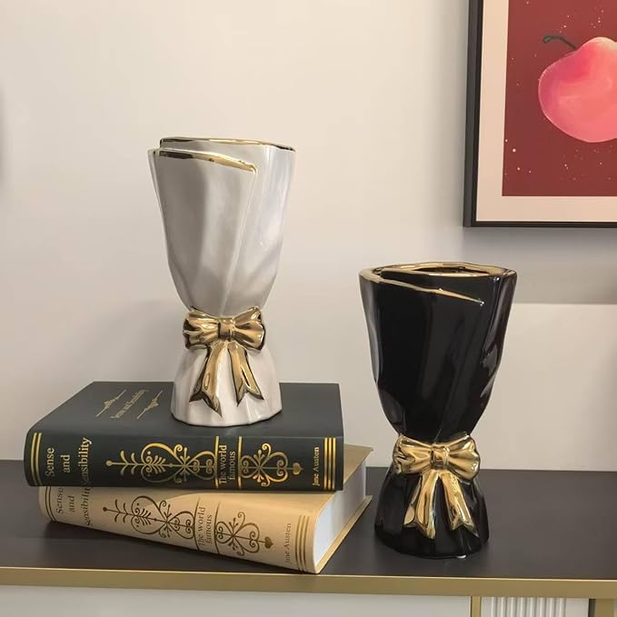 Black and Gold Bow Ceramic Vase - Flower Vases for Home Decor, Bow Decor, Boho Style, 9.65 Inch Flower Vases for Bouquet, Large Vase for Ideal Shelf Decor/Table (Black and Gold, Large)