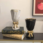 Black and Gold Bow Ceramic Vase - Flower Vases for Home Decor, Bow Decor, Boho Style, 9.65 Inch Flower Vases for Bouquet, Large Vase for Ideal Shelf Decor/Table (Black and Gold, Large)