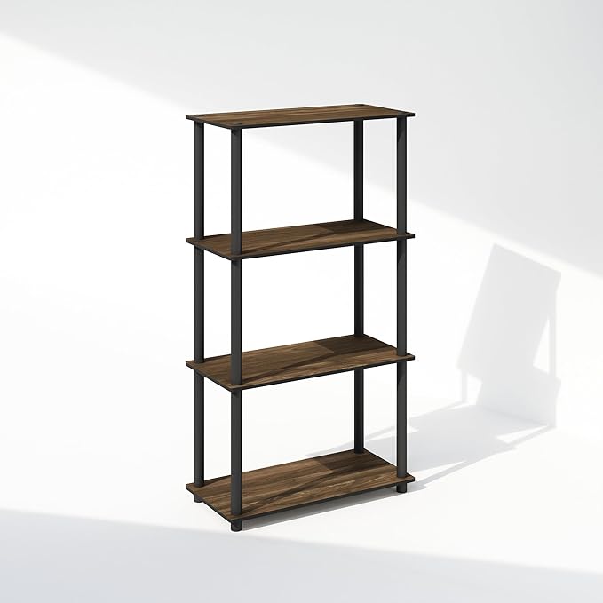 Furinno Turn-N-Tube Book Shelf, 4-Tier Bookshelf, Bookcase with Multipurpose Compact Display Rack, 11.6 x 23.6 x 43.2, for Living Room, Bedroom, Home Office, Columbia Walnut/Black