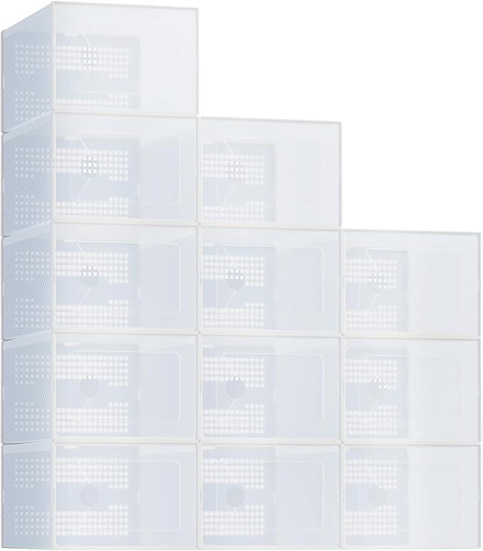 NEWBULIG 12 Pack Clear Shoe Storage Boxes, Shoe Organizer for Closet with Lid, Durable PE Transparent Shoe Containers Ideal for Sneakers, Heels & Boots, White