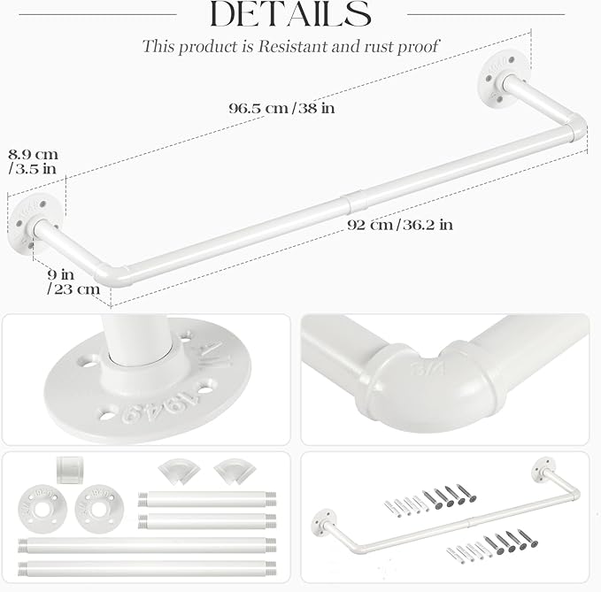 ERYTLLY Industrial Pipe Wall Mounted Clothes Rack,38 Inches Heavy Duty Detachable Garment Rack,Multi-purpose Hanging Rod for Closet,Set of 2,White