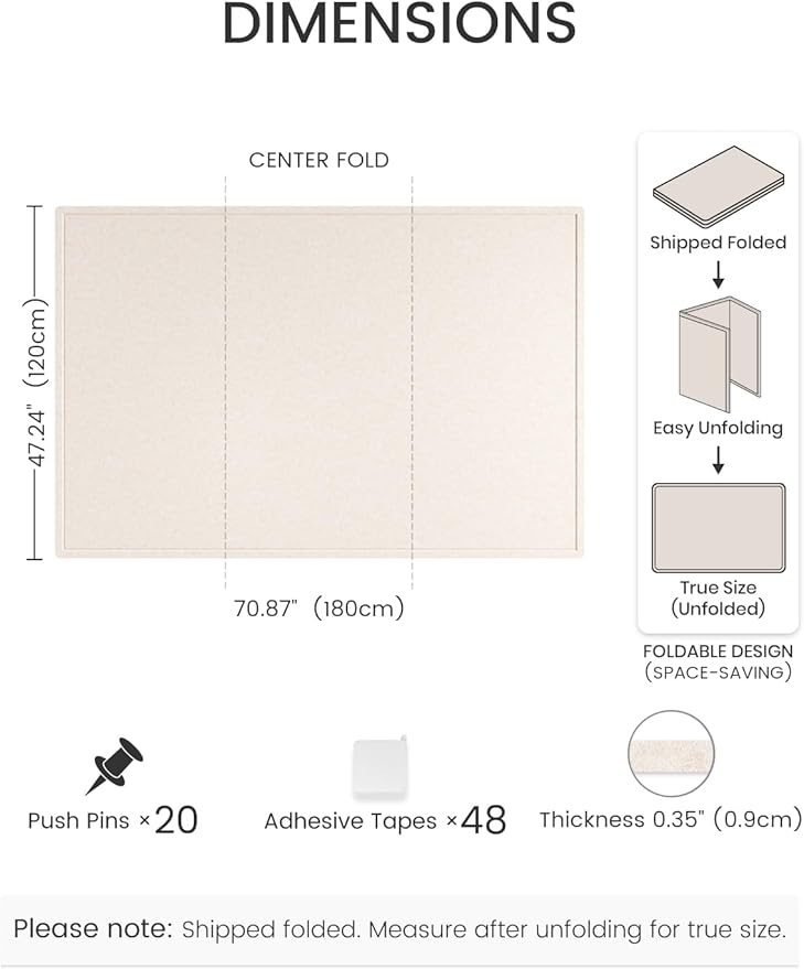 Fluxynara Large Bulletin Board, 70.8" x 47.2" Cork Board Alternative with 48 Safe Removable Adhesive Tabs, Foldable Felt Pin Board for Home Office, Classroom, Bedroom,Entryway for Walls—Oatmeal