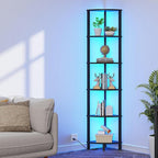 VIMBER 6-Tier Corner Shelf with LED Light, Industrial Corner Ladder Shelf, Rustic Display Shelf for Living Room, Bedroom, Kitchen, Home Office, Sturdy Frame, Black UJSJ002B