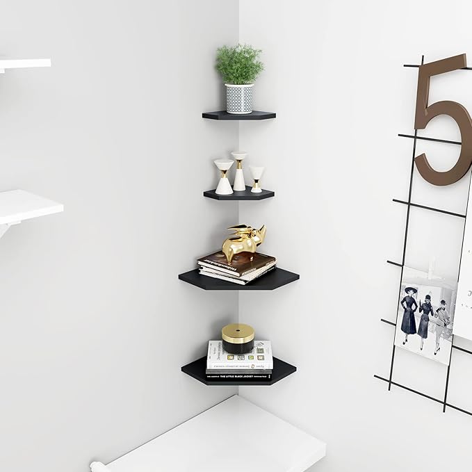WELLAND 7-Inch Black Floating Corner Shelves Set of 2, Wall Mounted Storage Shelf with White Finish for Bedroom, Living Room, Bathroom, Display Shelf for Small Plant, Photo Frame, Toys
